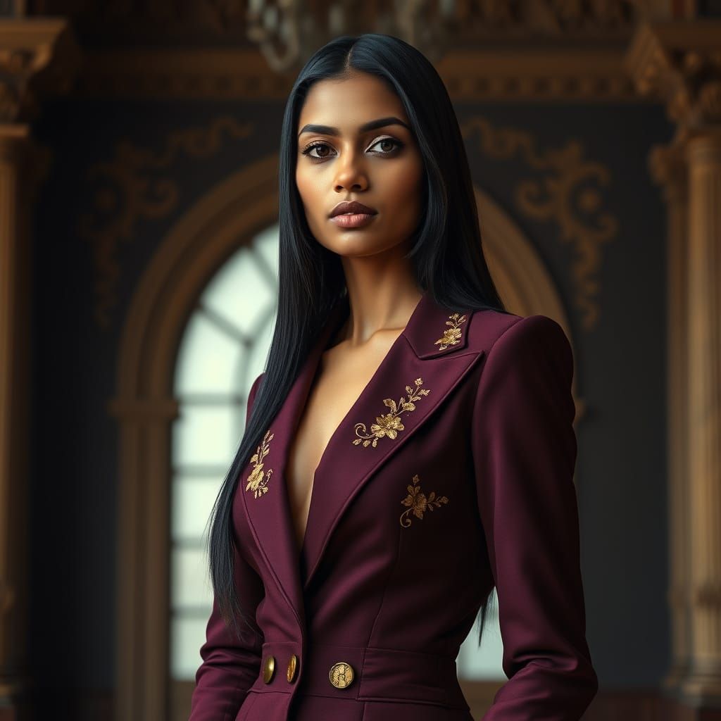 Elegant Indian Woman in Embroidered Burgundy Blazer