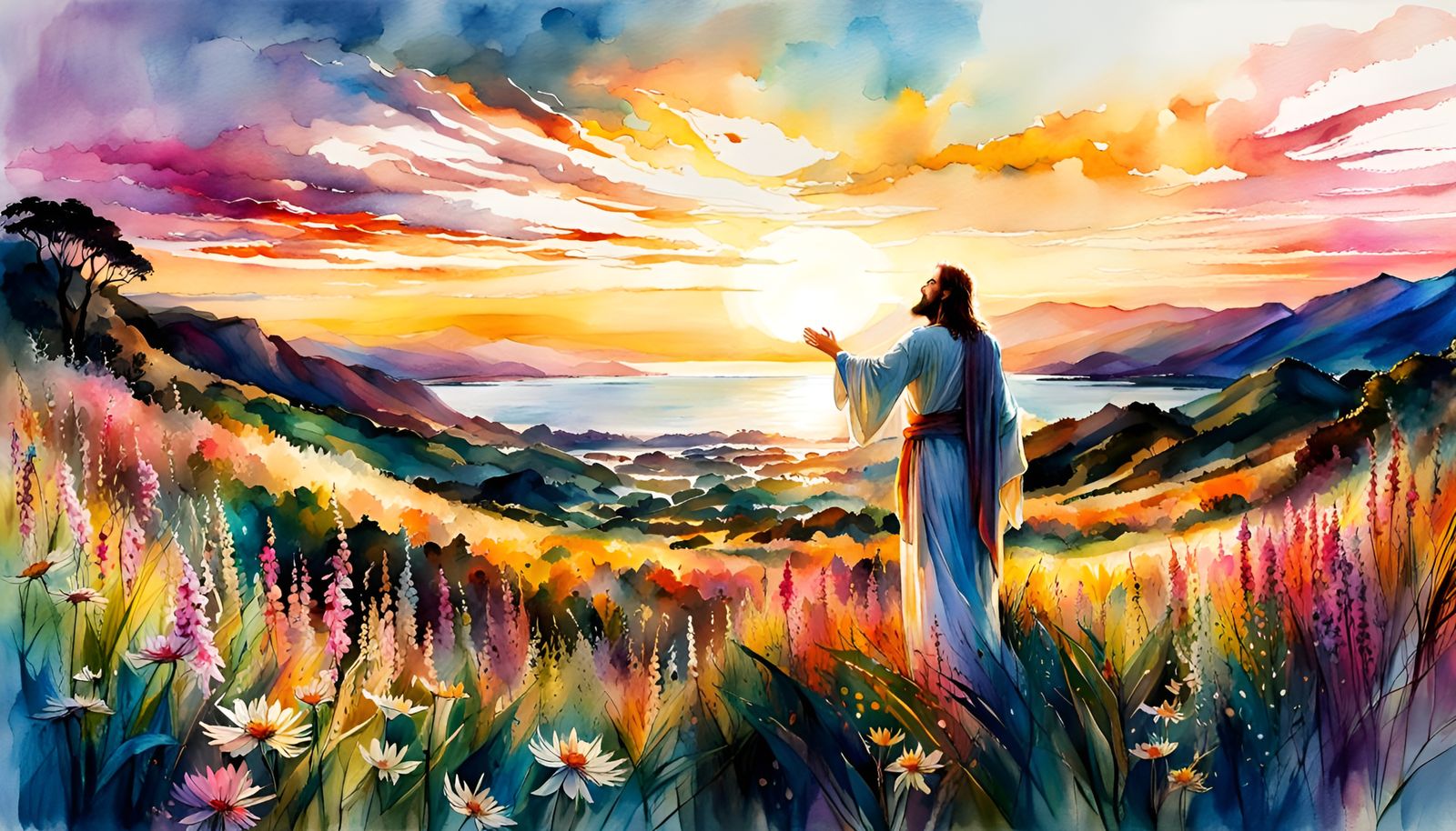 Jesus Christ Blesses Children: Digital Watercolor Illustrati...