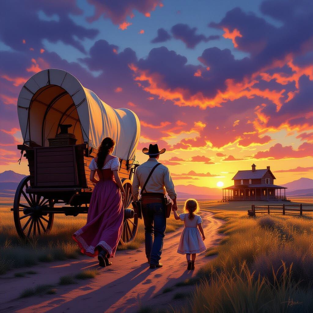 Cowboy Helps Pregnant Woman to Wagon at Sunset