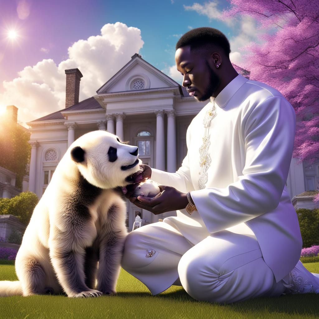 Man and Panda in Springtime Mansion Scene
