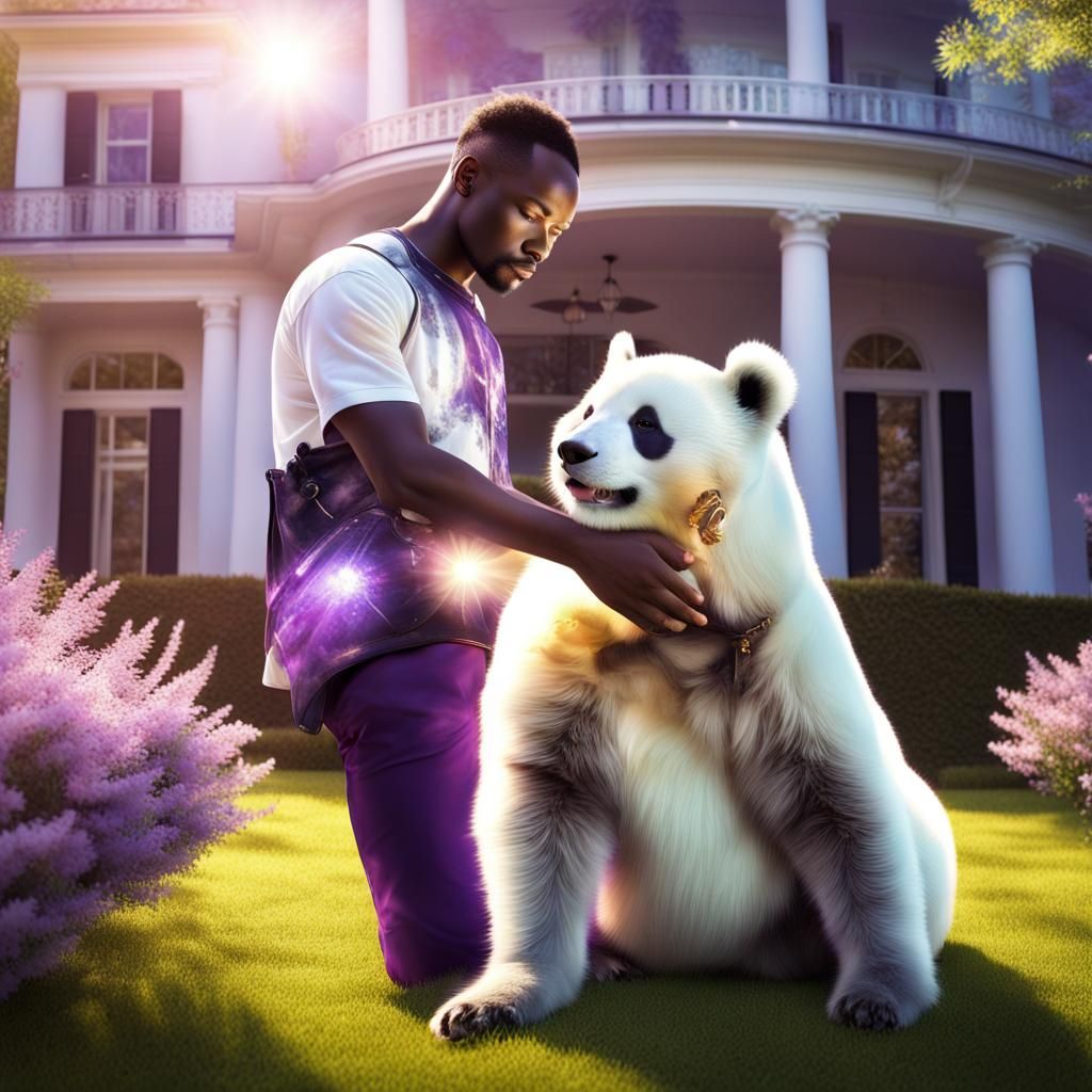 Man and Panda in Glowing Spring Garden