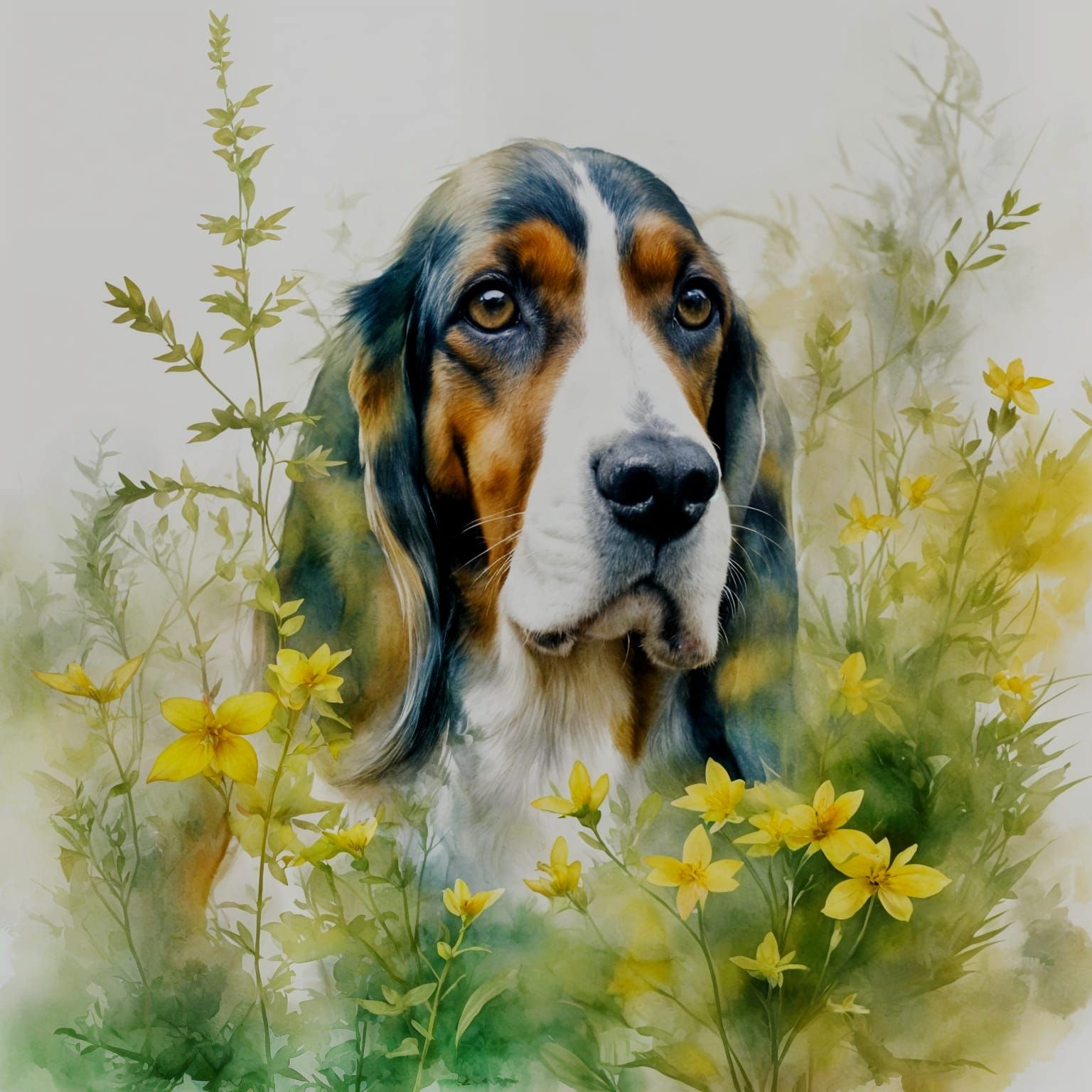 Tri-Colored Bassett Hound in Dreamy Watercolor Style