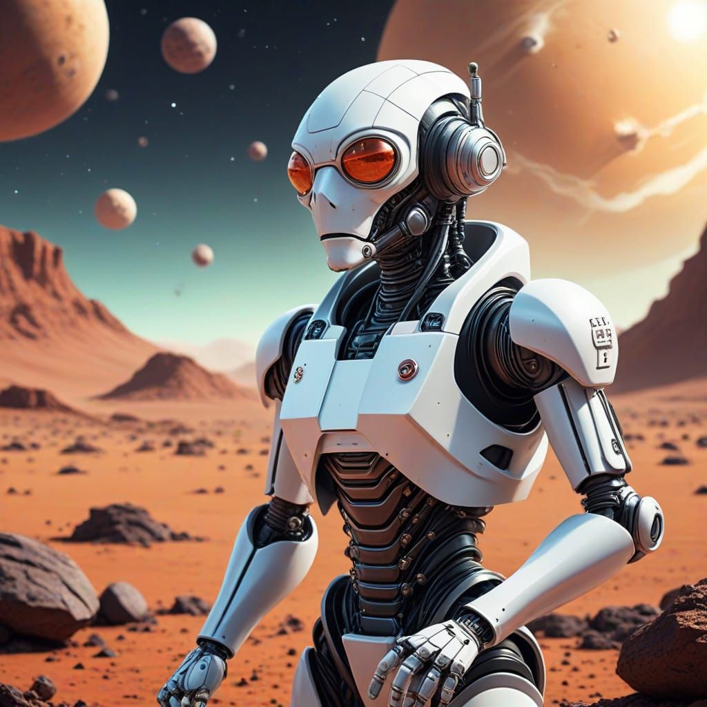 Cyberpunk Robot Chemist on Exotic Alien World