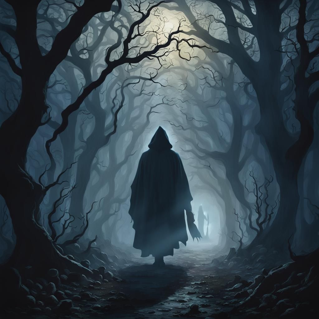 Ominous Figure Beckons in Haunted Gothic Woods