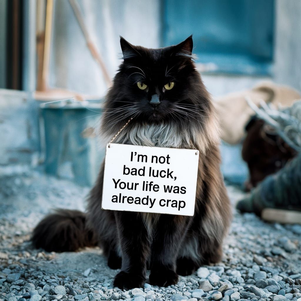 Humorous Black Cat Holds Sign: "Not Bad Luck"