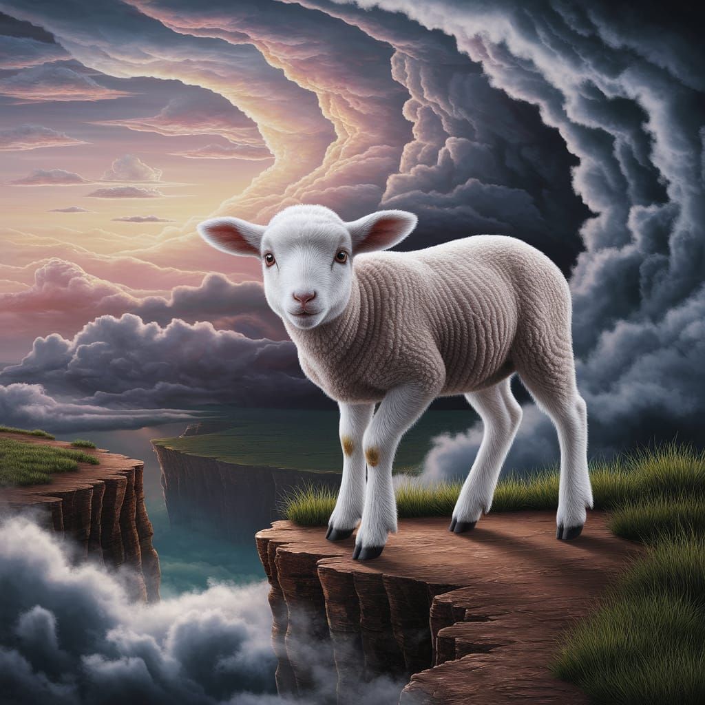 Surreal Lamb on Cliff's Edge Oil Painting