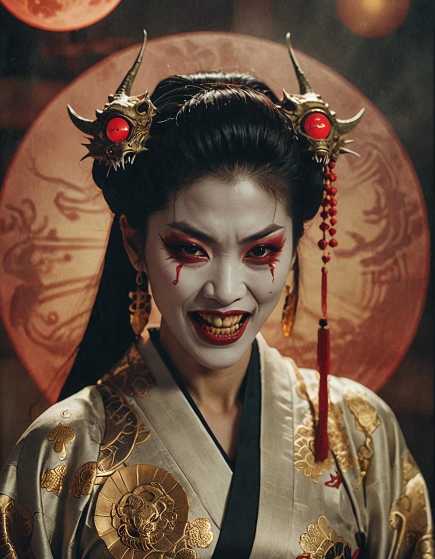 Vampire Geisha with Dragon Tattoo in Cinematic Lighting