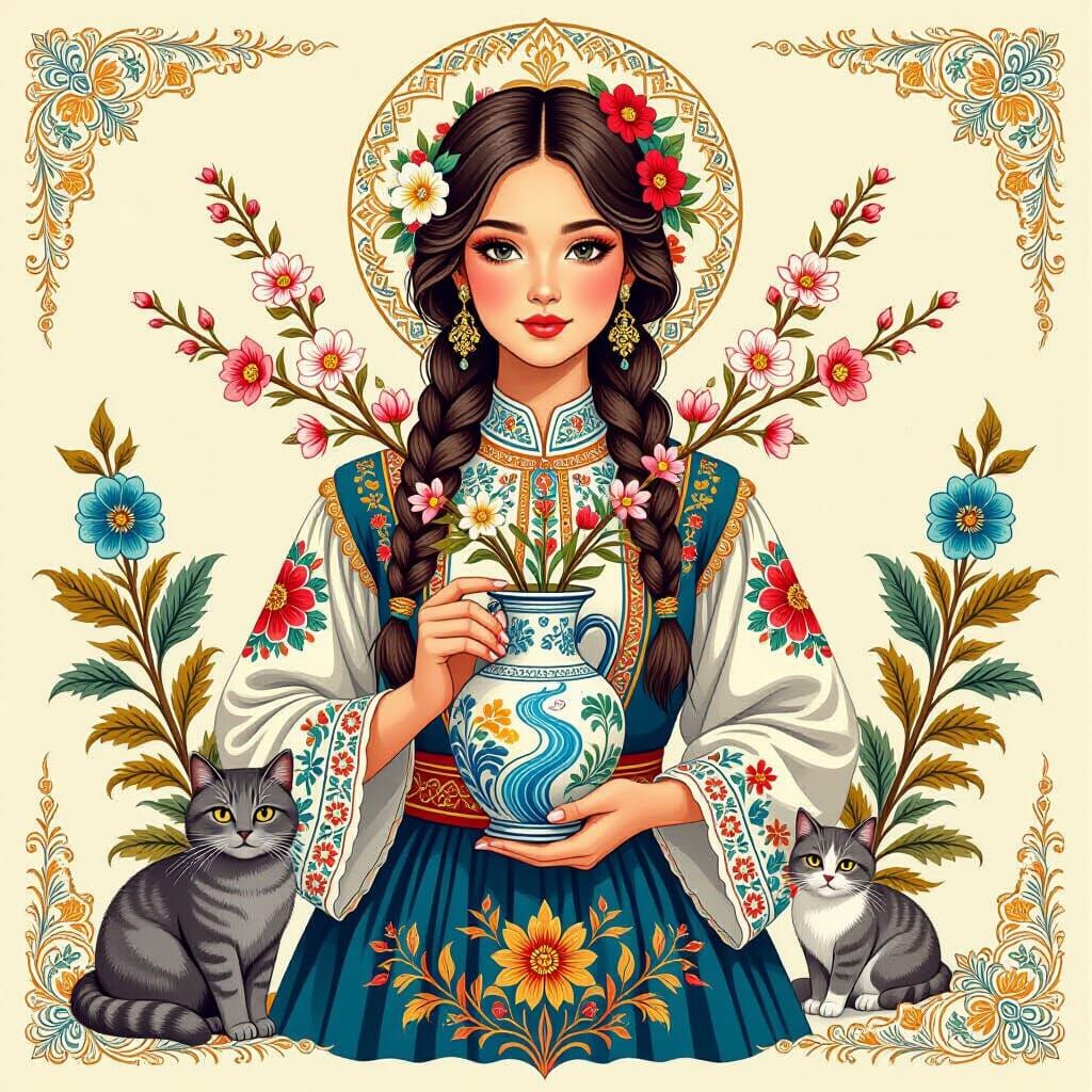 Girl in Vyshyvanka with Rivers and Cherry Blossoms