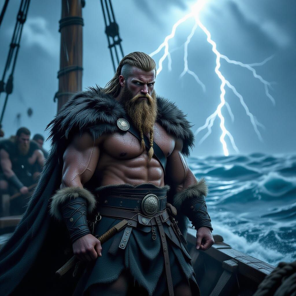 Viking Warrior in Stormy Seas: Photorealistic Image