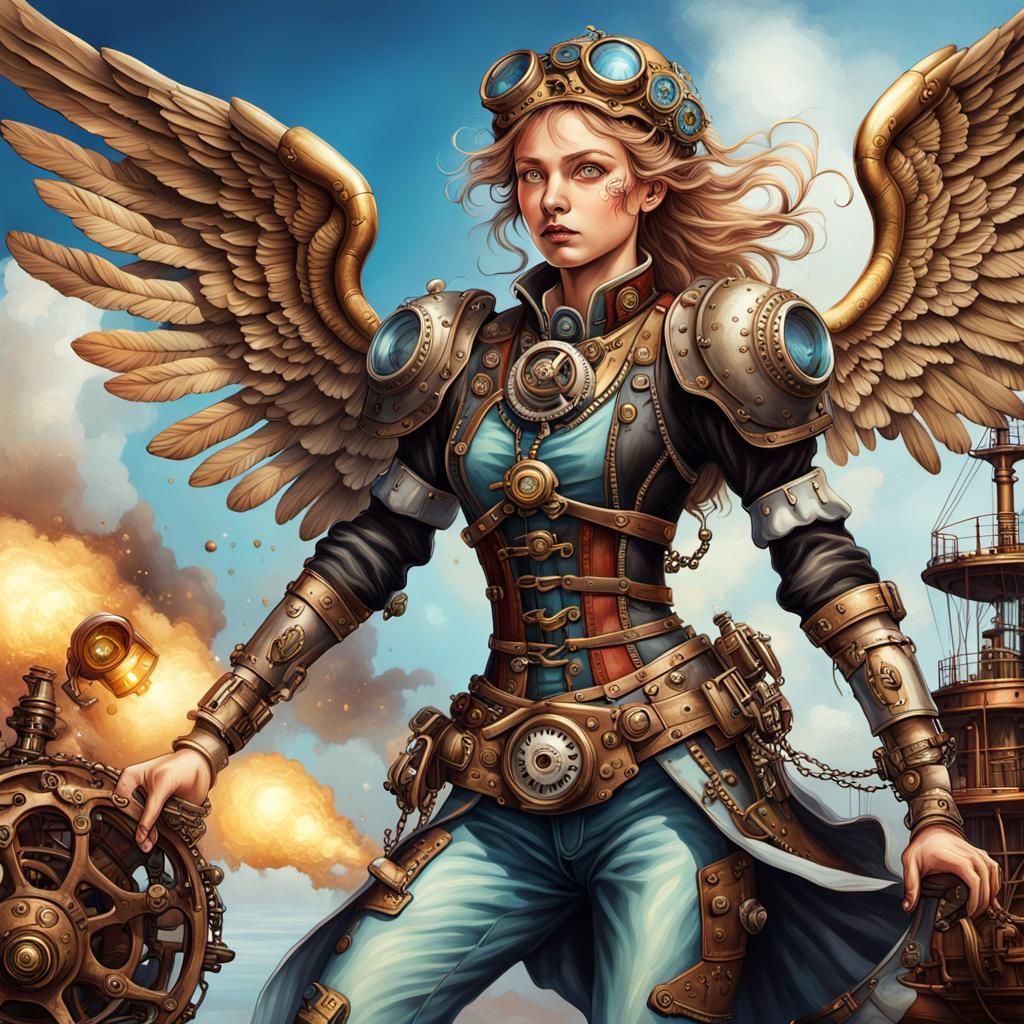 Steampunk Angel Flies Over Mechanical Ship