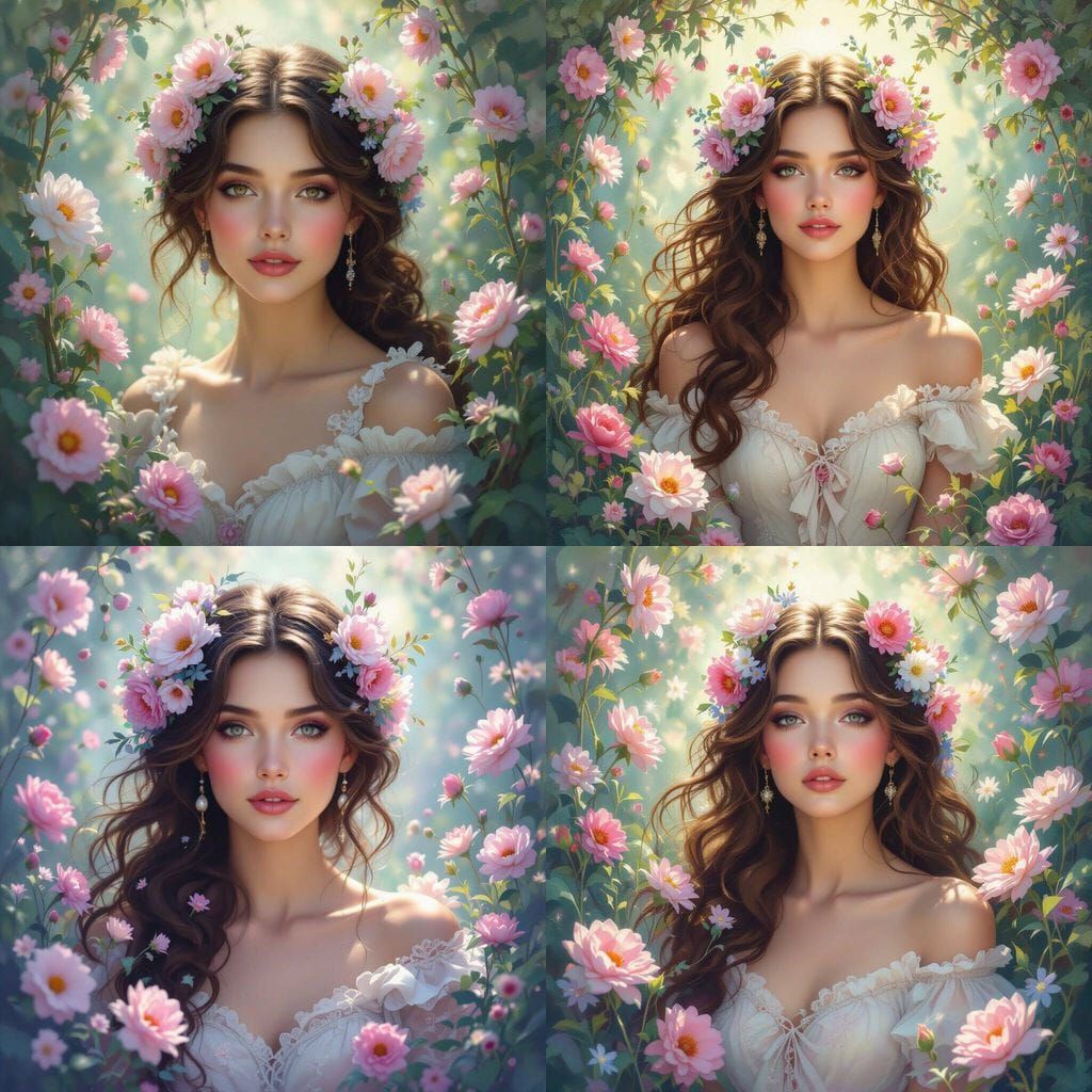 Ethereal Floral Portrait in Pre-Raphaelite Style
