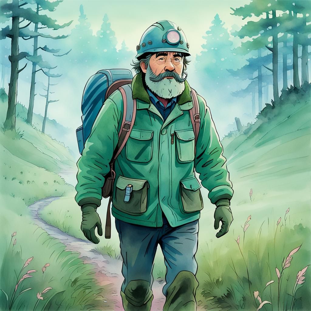 Geologist in Foggy Meadow, Studio Ghibli Anime Style