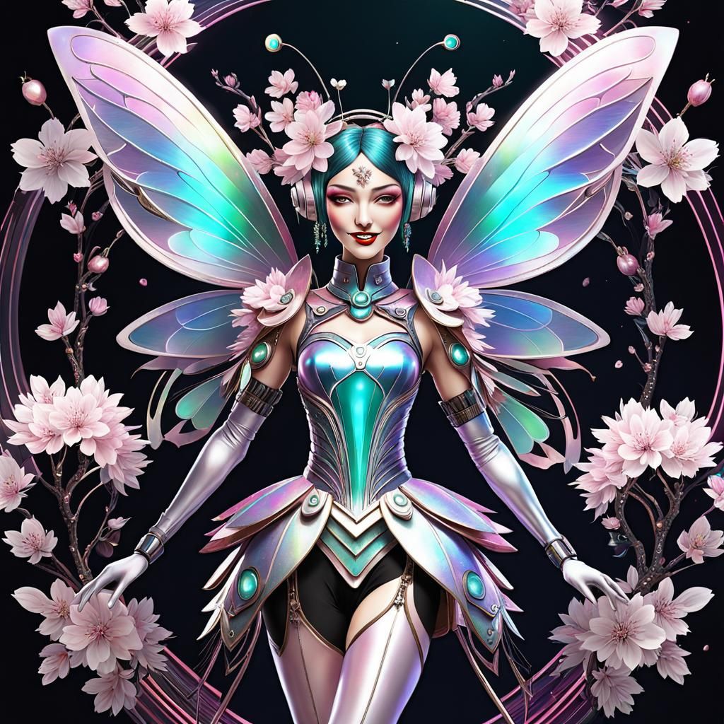 Iridescent Cherry Blossom Fairy in Teslapunk Art Deco