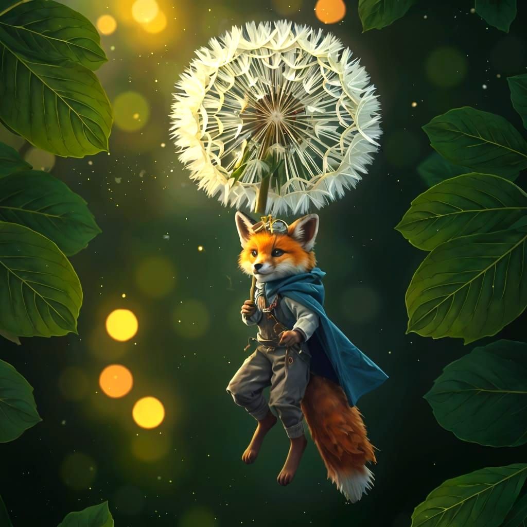 Steampunk Fox in Flight Amidst Whimsical Oak Forest