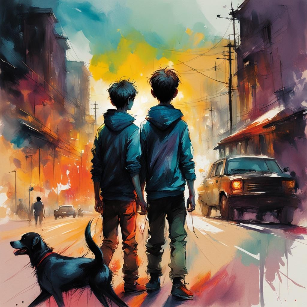 Watercolor Illustration: Boys, Dog, and Glowing Eyes