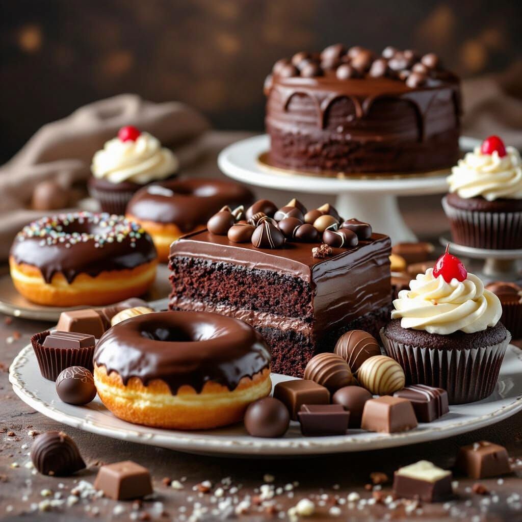 Hyperrealistic Chocolate Feast: Cake, Donut, Cupcake & Candi...