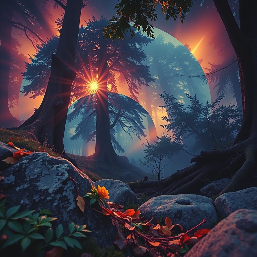 Misty Forest with Golden Leaves and Solitary Flower