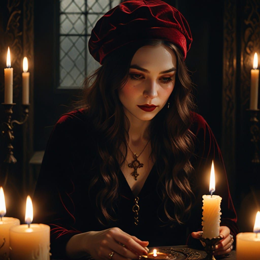 Gothic Romanticism: Woman Lighting Candle in Dark Fantasy Ar...