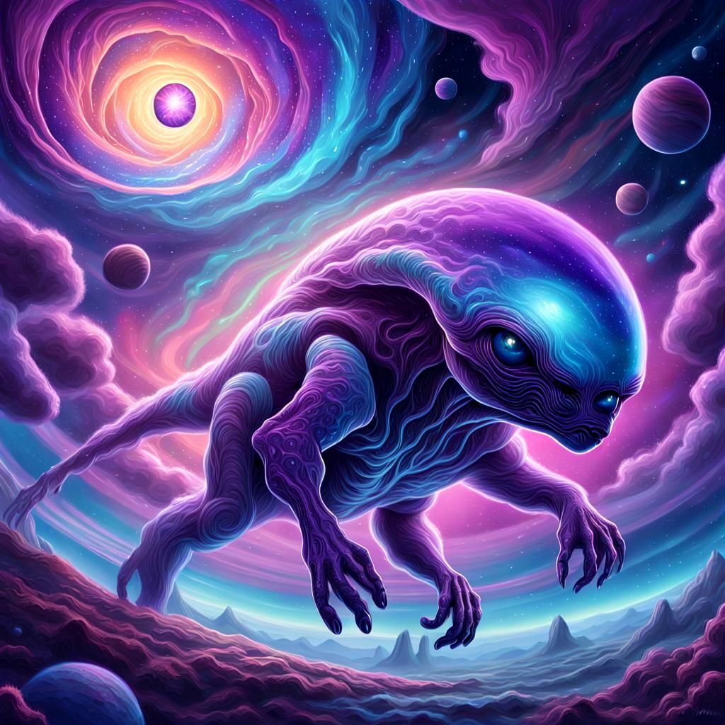 Alien Creature in Dreamlike Cosmos: Holographic Illustration