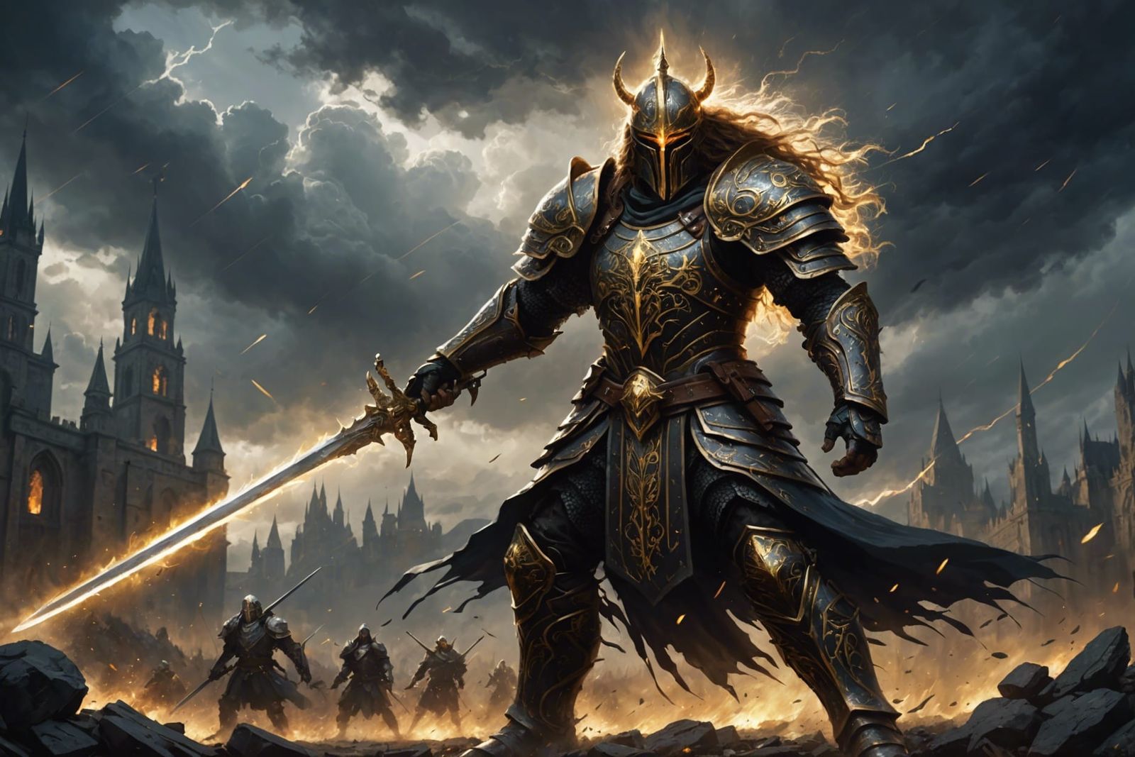 Warrior with Golden Sword on Battlefield as Impressionist Pa...