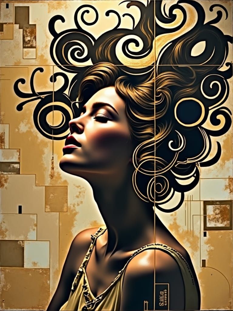 Abstracted Woman with Flowing Hair in Art Deco Style