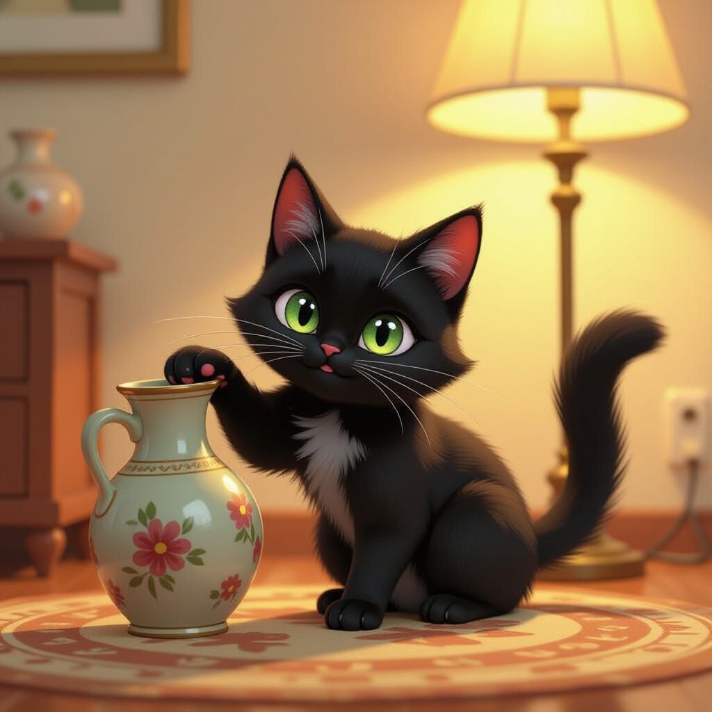 Mischievous Black Cat Playfully Knocks Over Vase