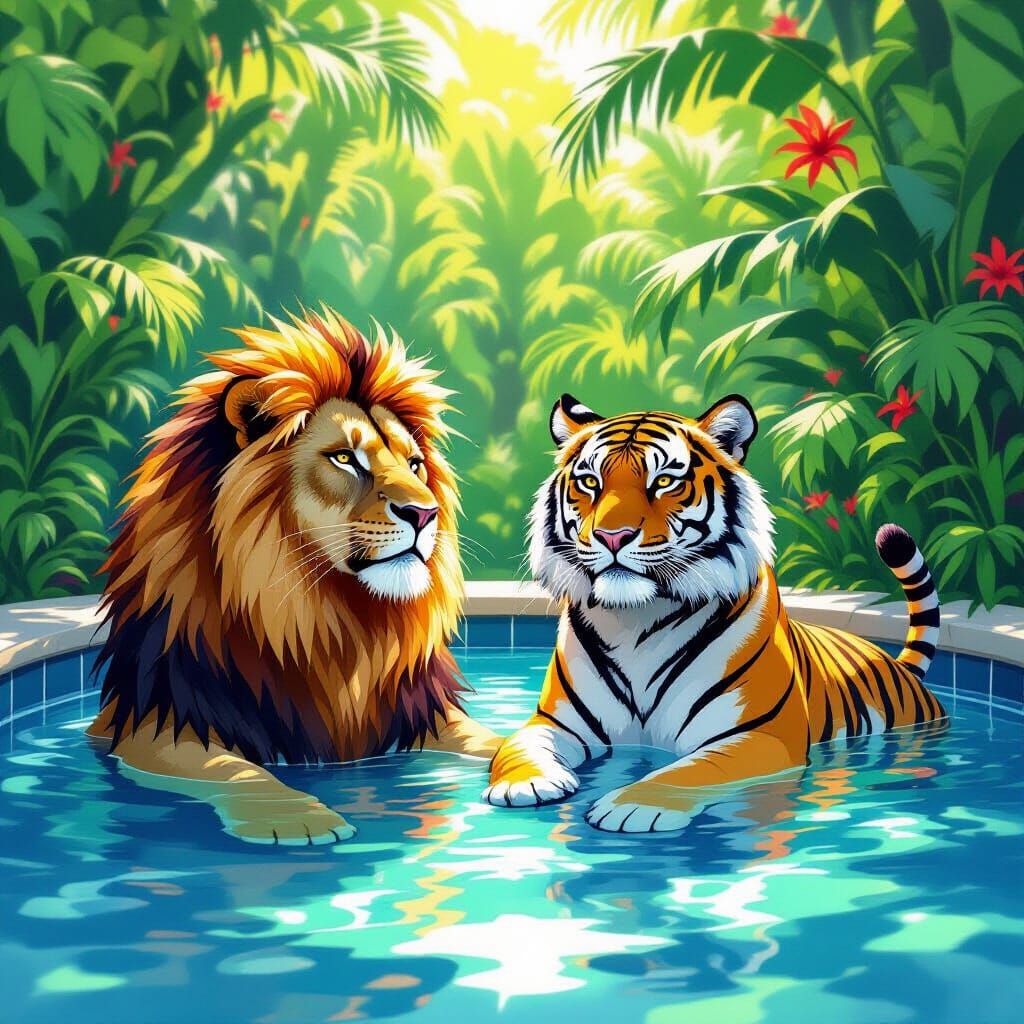 Lion and Tiger in a Pool with Lush Greenery