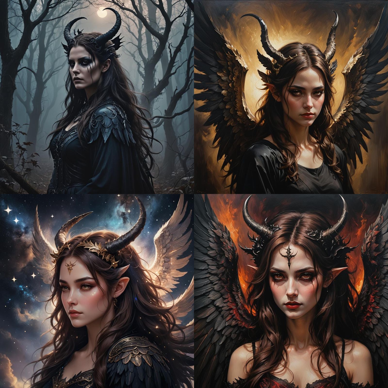 Girl with Horns and Black Angel Wings