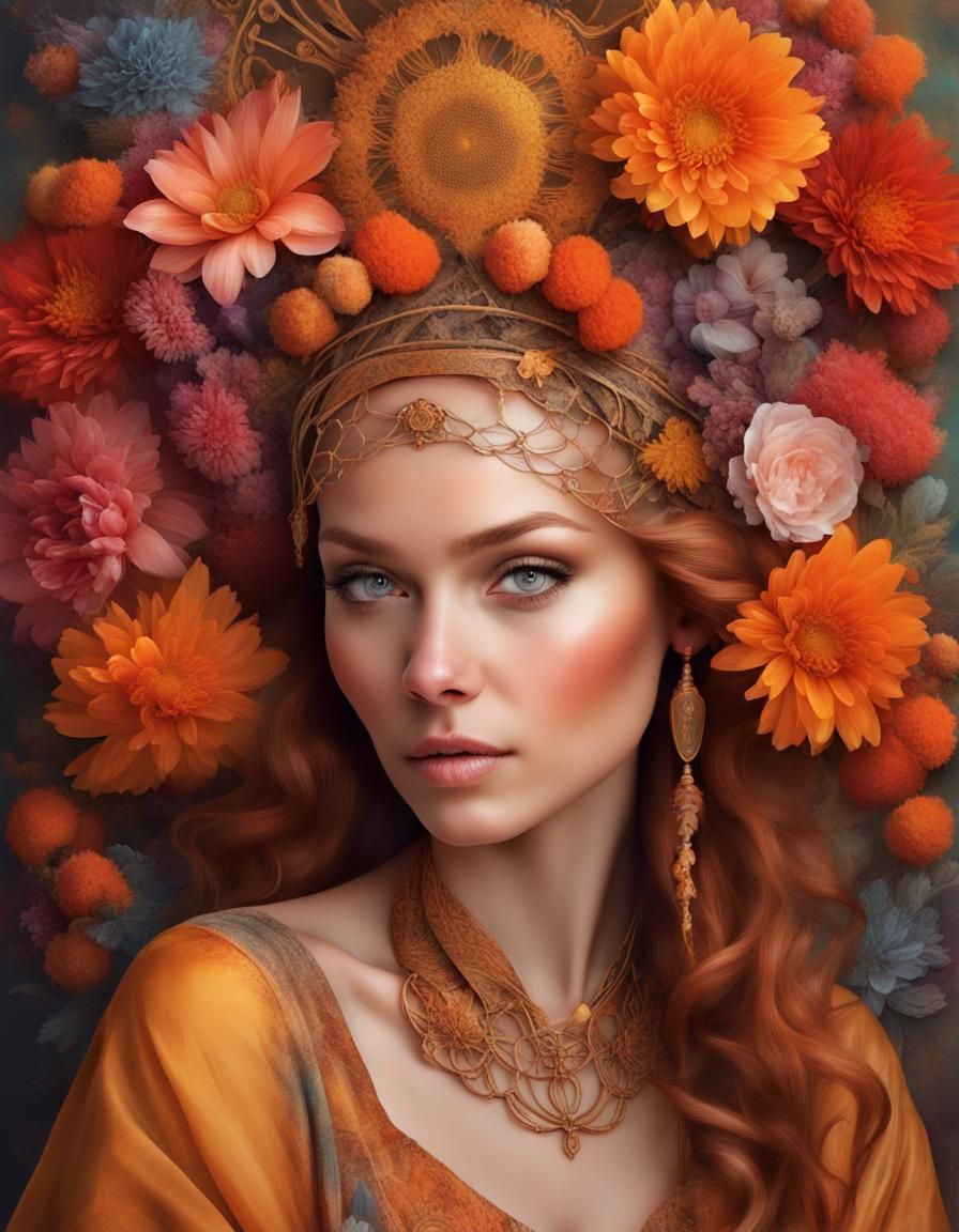 Renaissance Woman with Floral Headdress: Digital Art