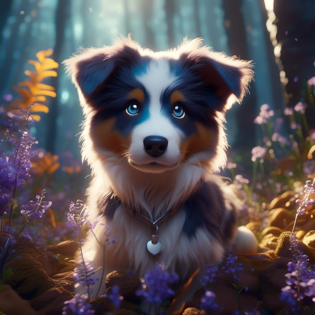 Glowing Puppy in Ethereal Forest: Fantasy Concept Art