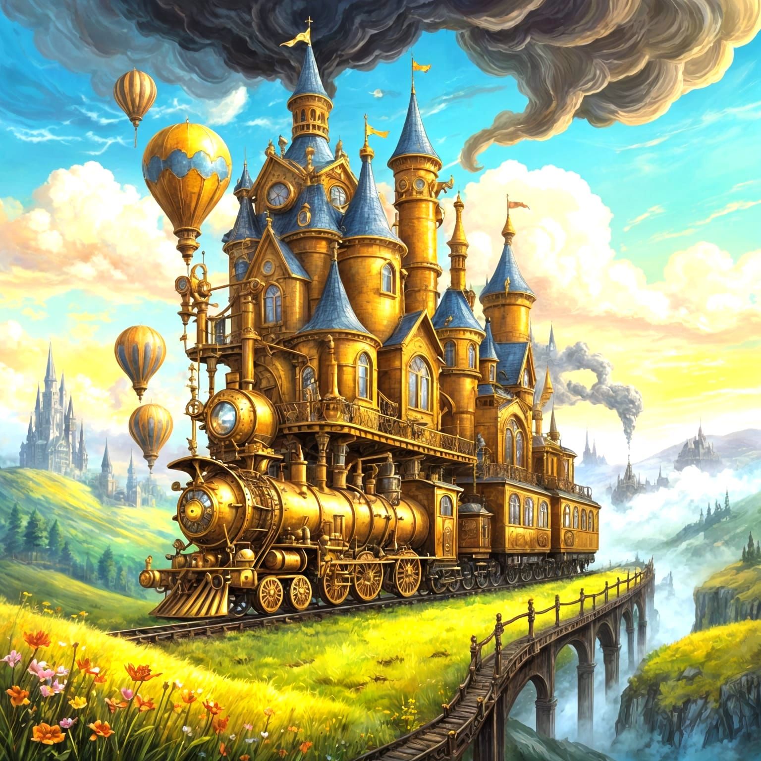 Steampunk Caterpillar-Train Chugging Through Dreamy Landscap...