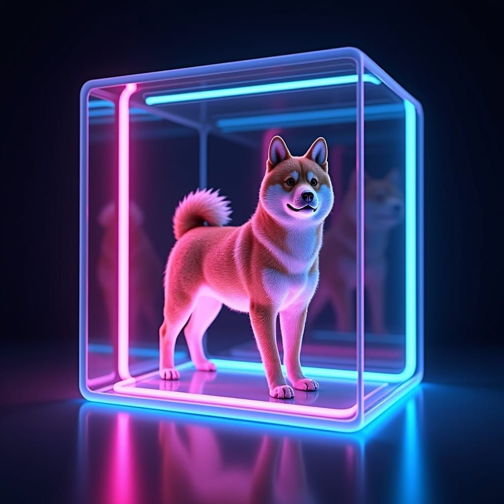 Holographic Shiba Inu in Neon Box, Futuristic 3D Art