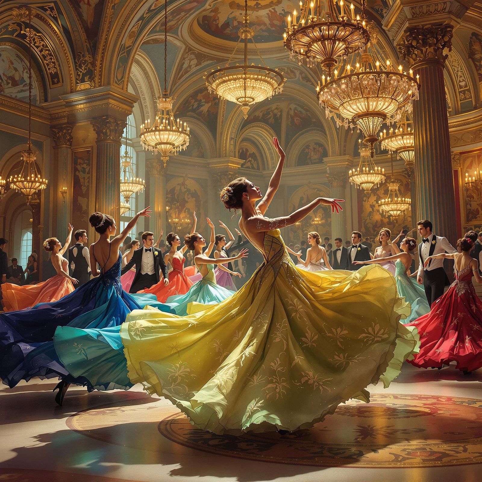 Elegant Ballroom Dancers in Opulent, Dreamlike Settings