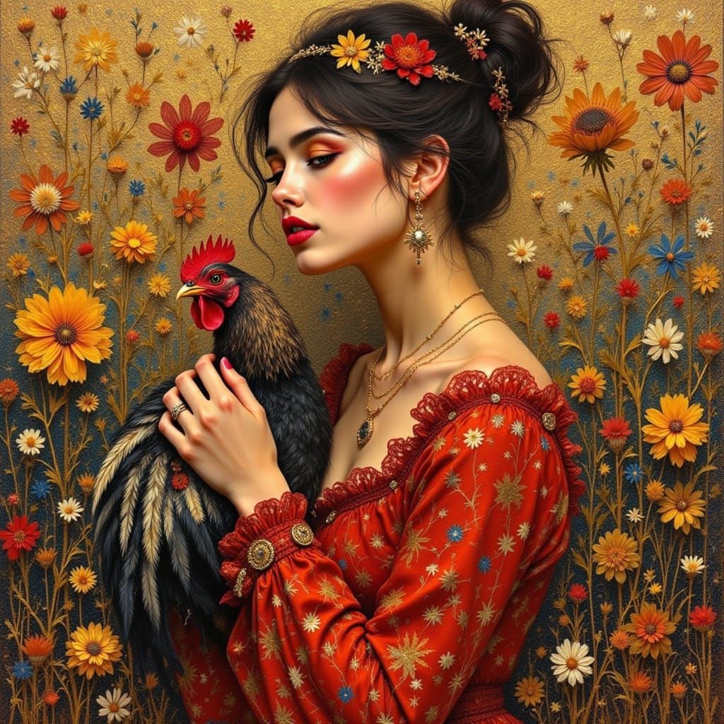 Klimt and Cubism Fusion: Geometric Folk Art Portrait