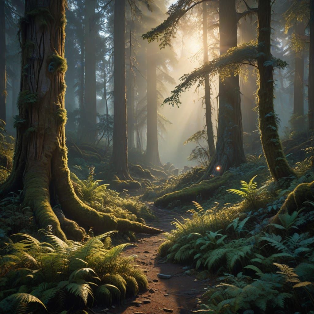 Ancient Forest with Towering Redwoods in Cinematic Volumetri...
