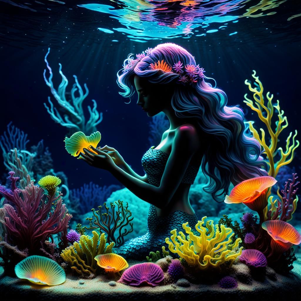 Neon Mermaid Silhouette in Bioluminescent Ocean