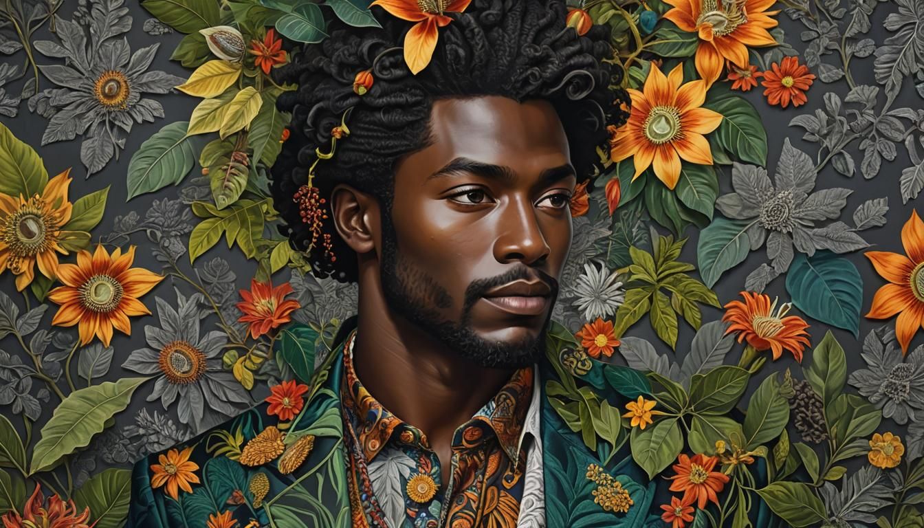 Intricate Portrait of a Melanin Man with Leaves