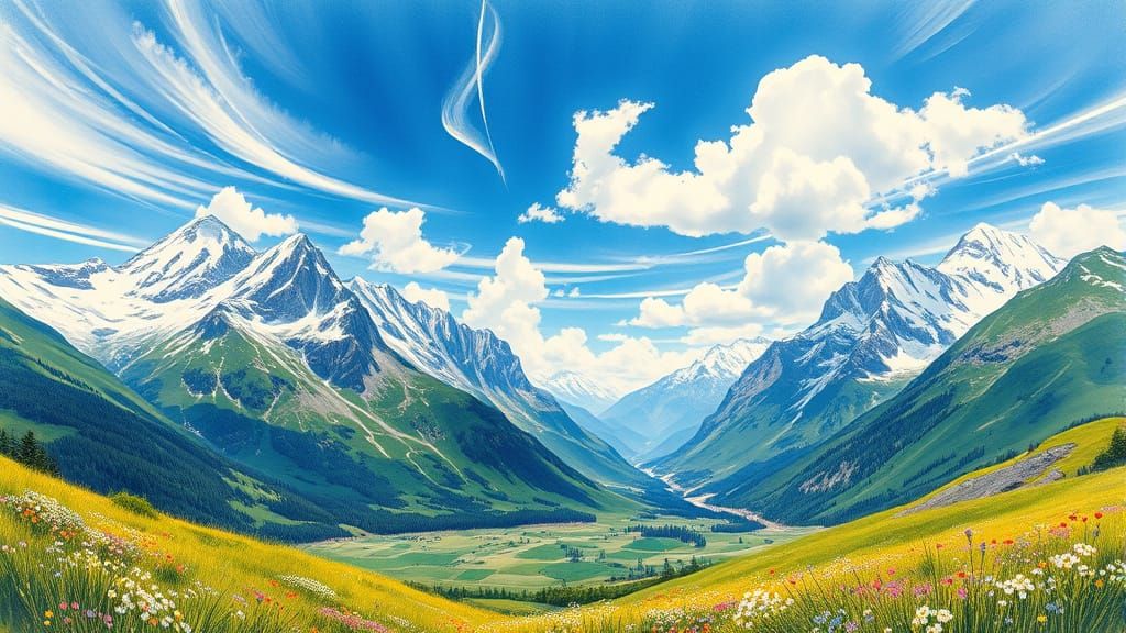 Serene Academic Landscape with Majestic Mountains and Lush V...