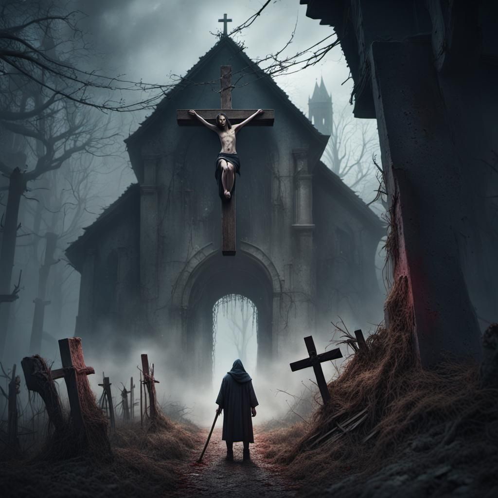 "Develop a cover for a horror story, featuring a strange abandoned way of the cross, and dark, evil characters lurking i...