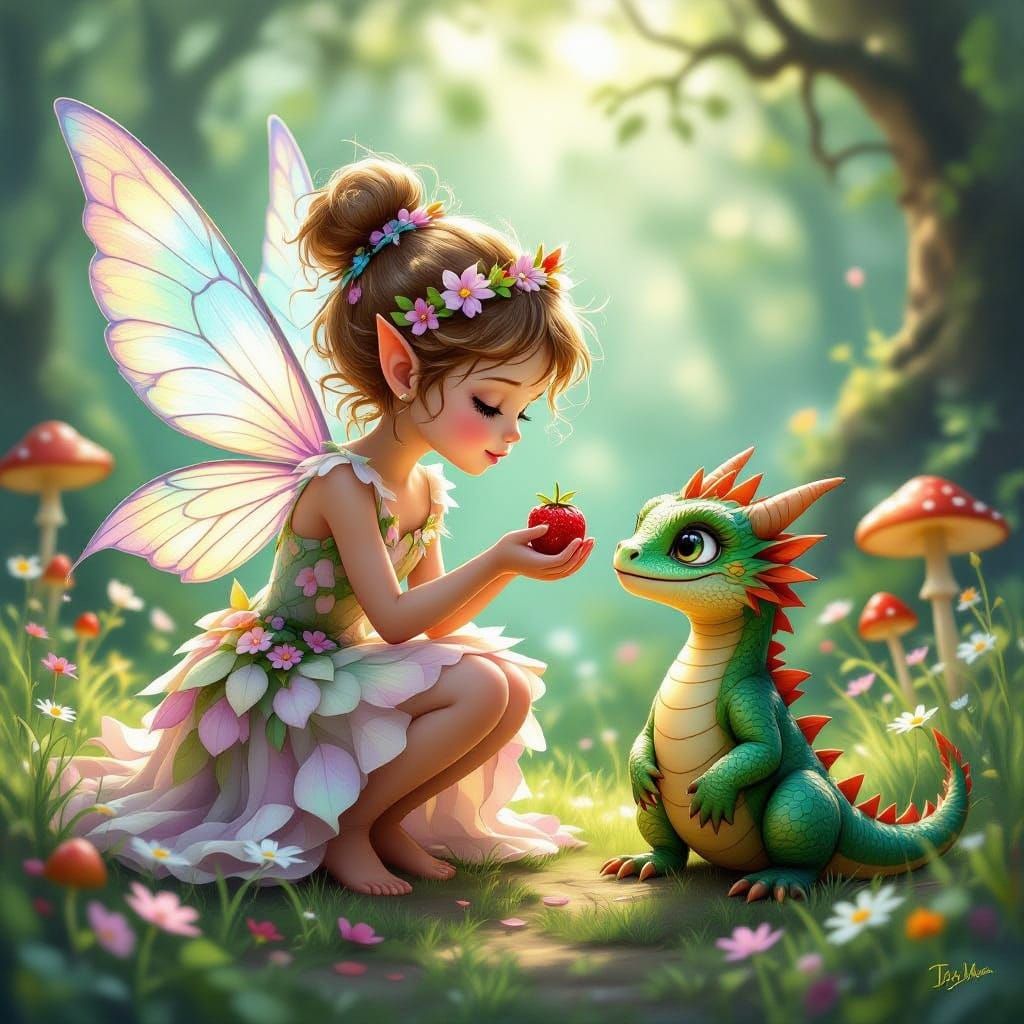 Cute Fairy Shares Berry With Young Dragon in Enchanted Fores...