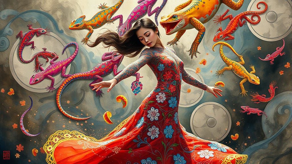 Woman in Vibrant Embroidered Lace Lizard Dress in Whimsical...