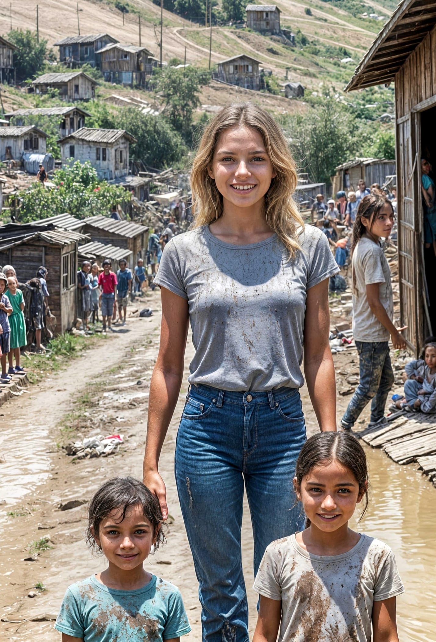 Hope in Poverty: European Woman Surrounded by Chilean Slum C...