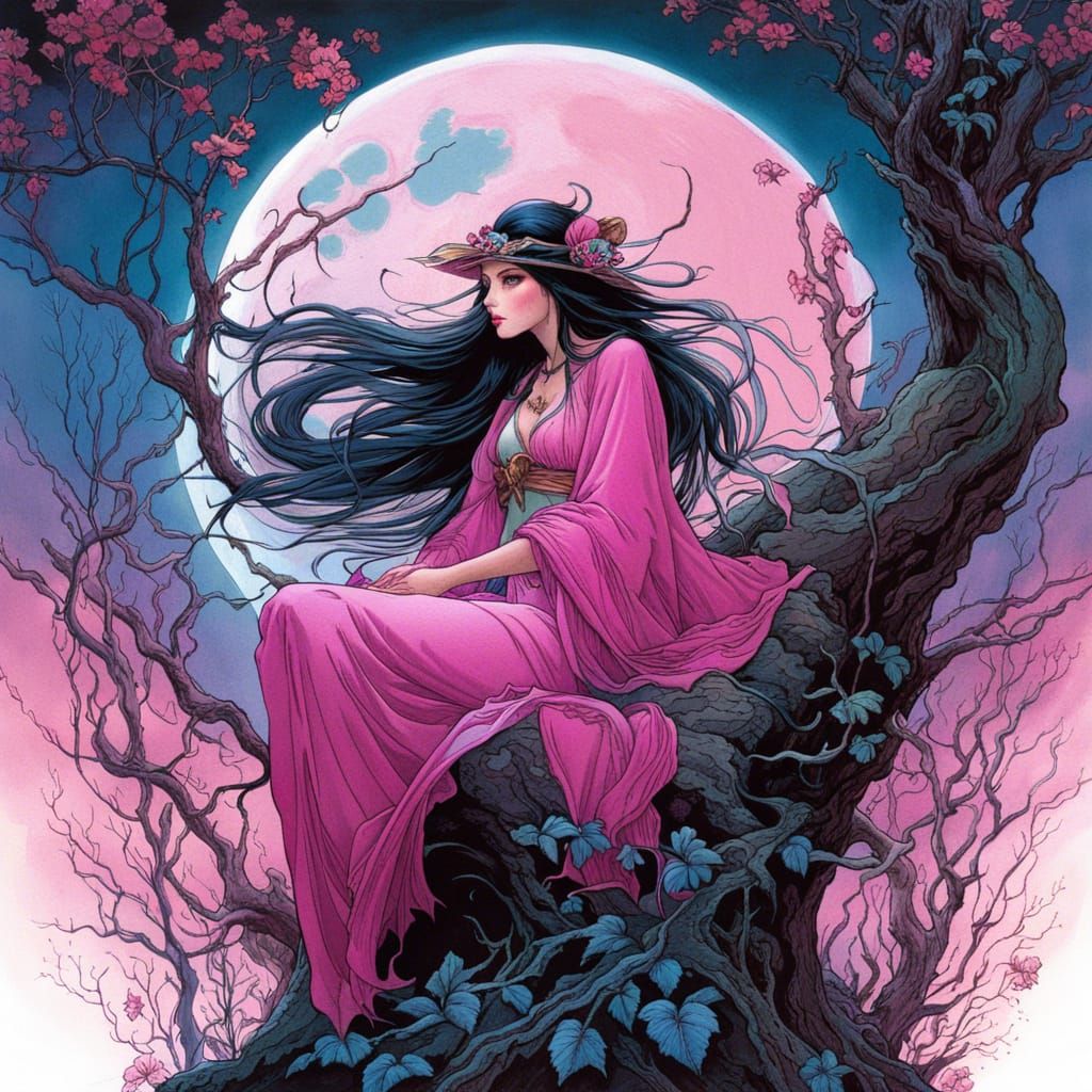 Fairy Witch with Pink Moon in Pastel Art Style
