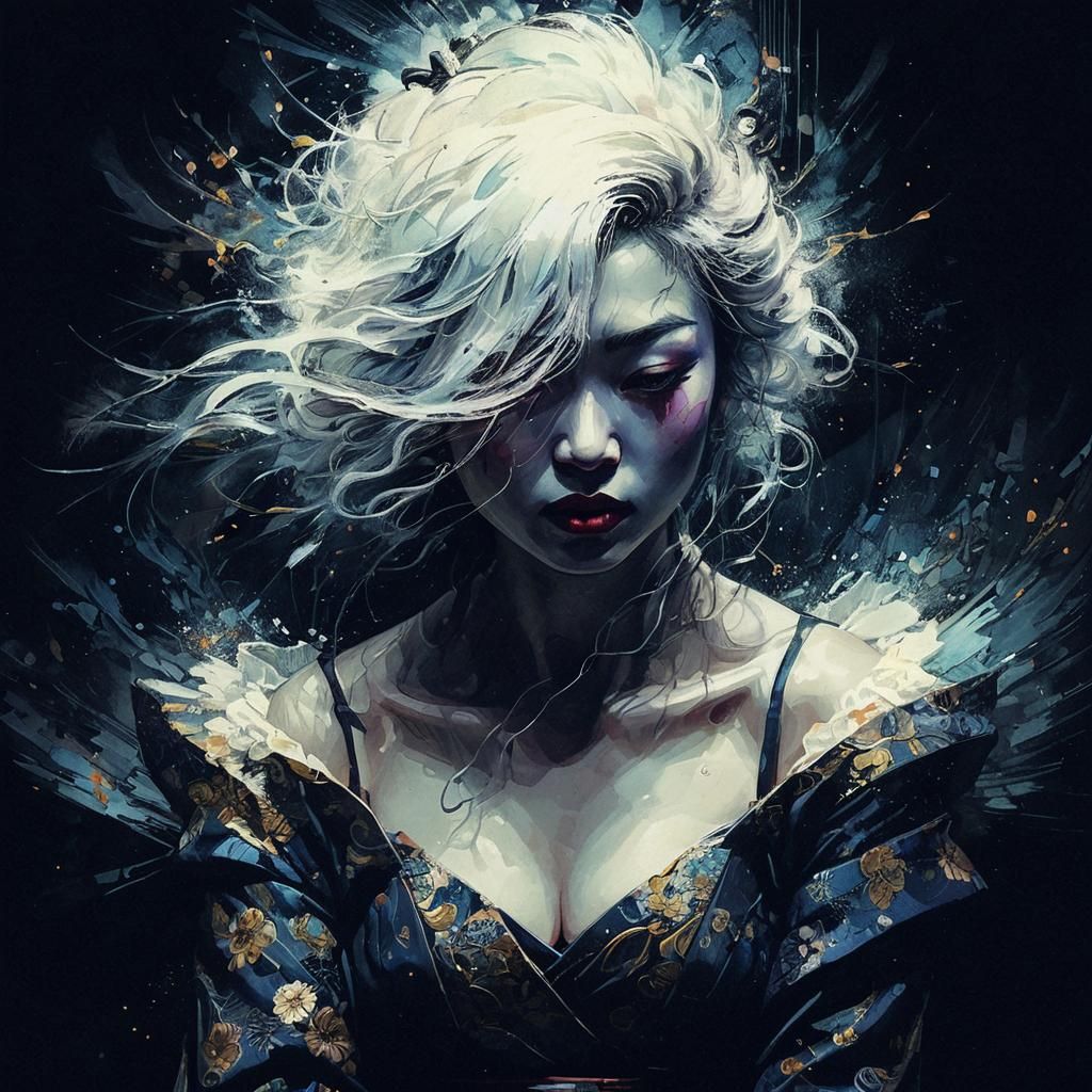 Geisha Portrait with Dark Gradients in Surrealist Style
