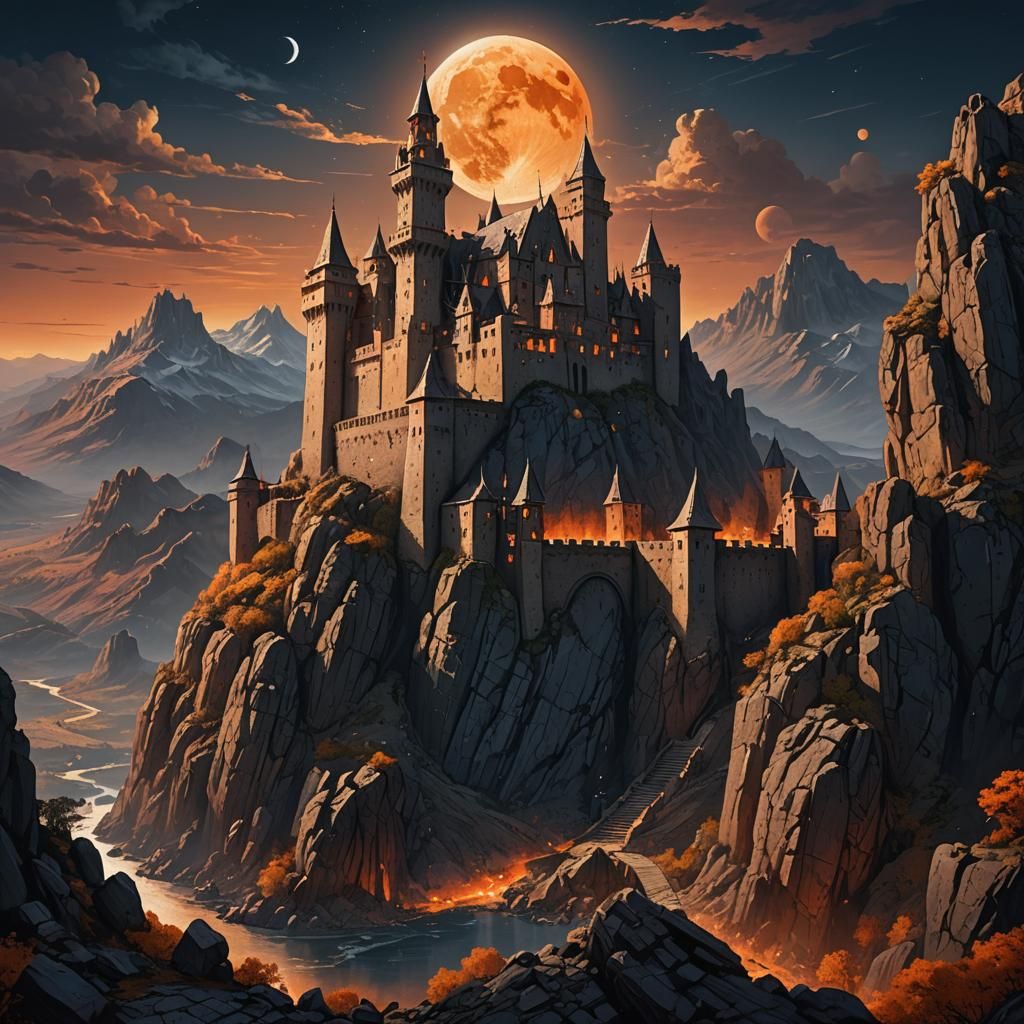 Ancient Castle Under Siege by Massive Moon