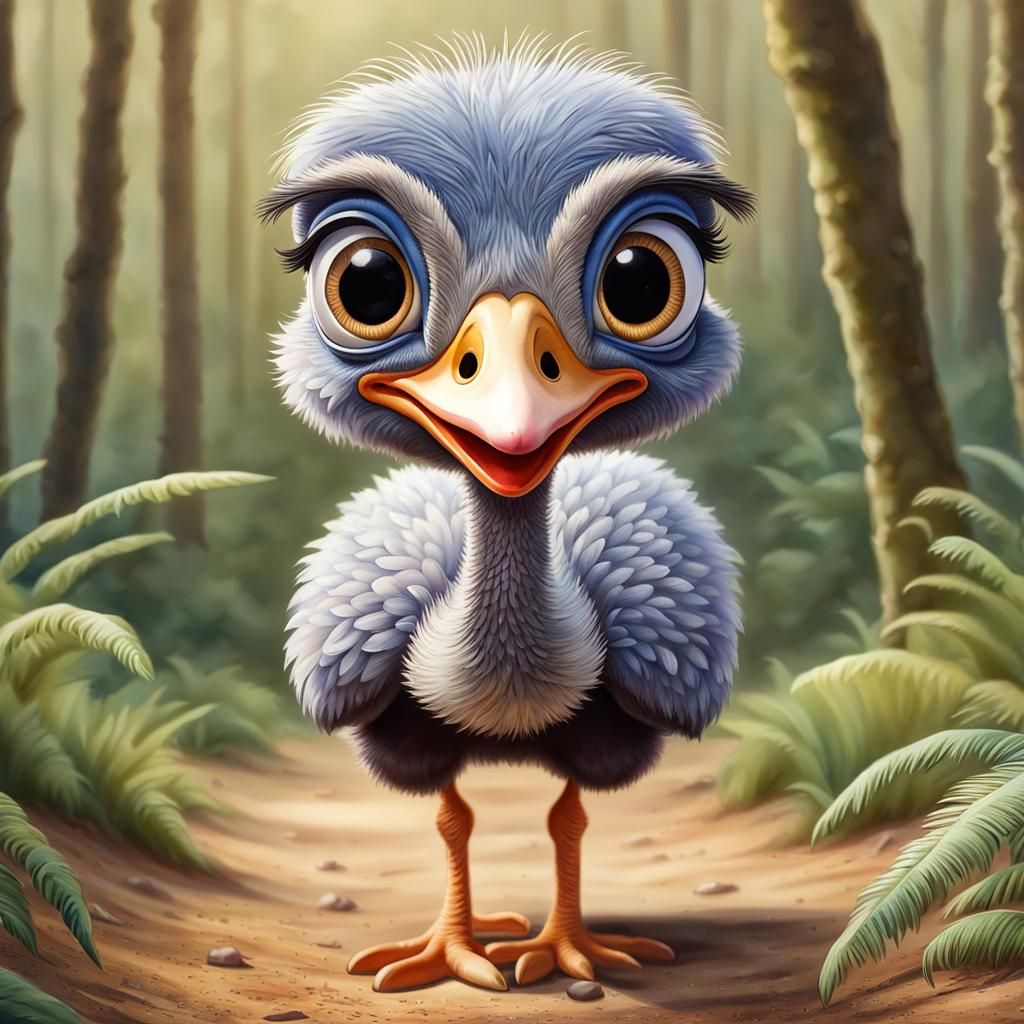 Funny Caricature Ostrich with Chibi Eyes in Pixar Style