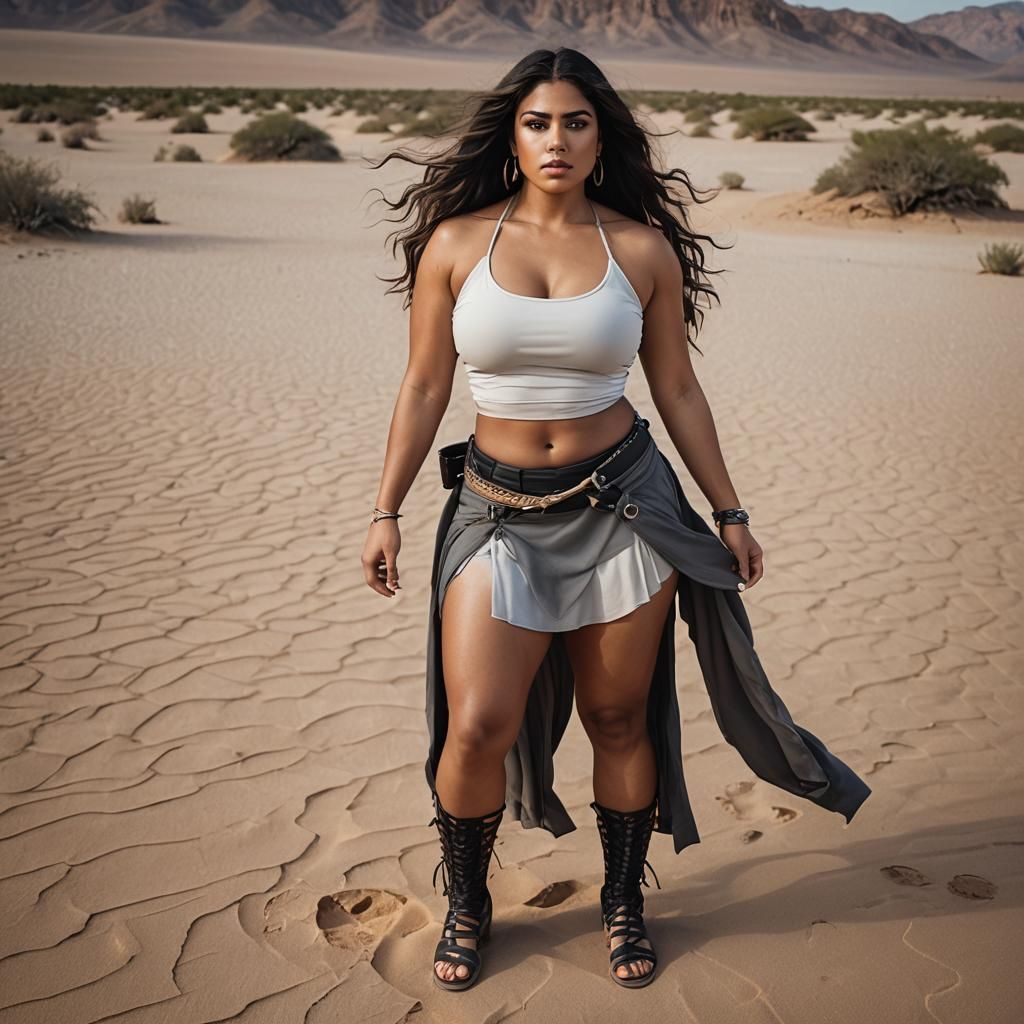 head to feet portrait of a curvy young latina female. stand wide-legged in desert. slim-muscular, tanned, clearly define...
