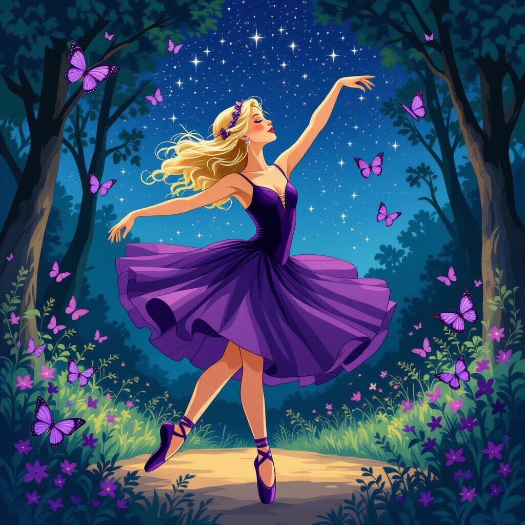 Ballerina Dancing Under Starry Sky in Art Nouveau Style