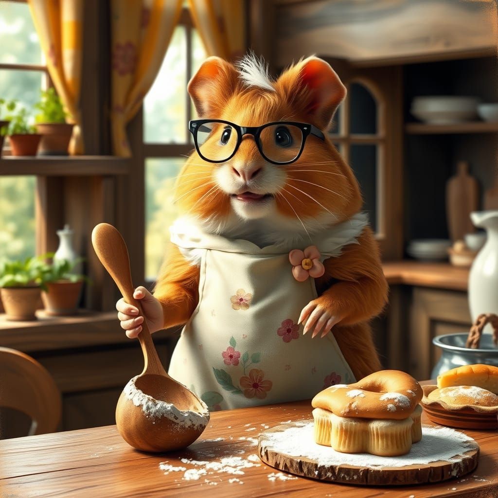 Whimsical Guinea Pig Grandma in Cozy Treehouse Kitchen