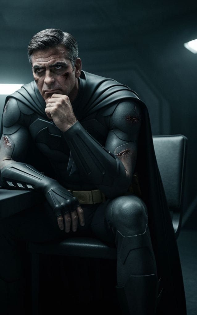 Grim George Clooney as Batman Broods in Batcave